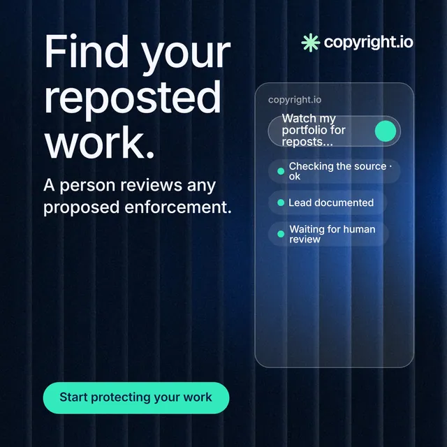 Instagram post for copyright.io: "Find your reposted work." Agentic glass style, skeleton layout, dark palette in black, blue, teal.