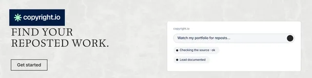 LinkedIn banner for copyright.io: "Find your reposted work." Editorial style, bottom layout, light palette in white, grey.