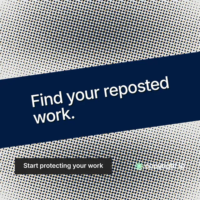 Instagram post for copyright.io: "Find your reposted work." Swiss style, diagonal layout, light palette in grey, blue.