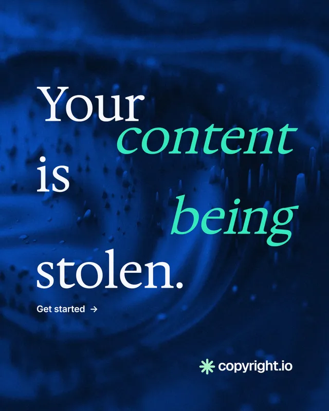 Instagram portrait post for copyright.io: "Your content is being stolen." Minimal luxury style, stacked layout, dark palette in blue, black.