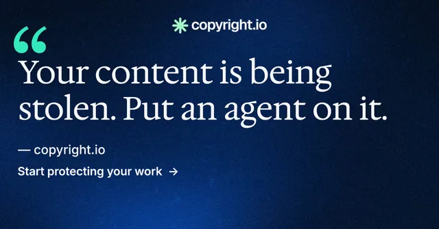 Social ad for copyright.io: "Protect your work." Minimal luxury style, quote layout, dark palette in blue, black.