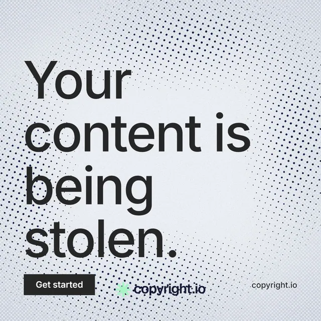 Instagram post for copyright.io: "Your content is being stolen." Swiss style, poster layout, light palette in blue, white, grey.