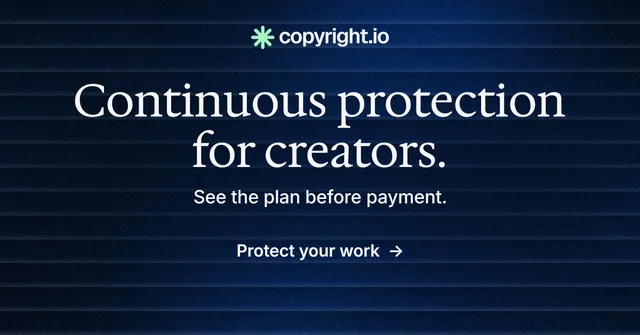 Social ad for copyright.io: "Continuous protection for creators." Minimal luxury style, centred layout, dark palette in blue, black.