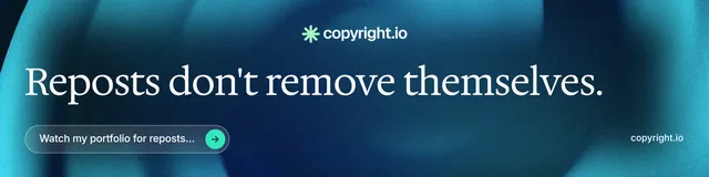 LinkedIn banner for copyright.io: "Reposts don't remove themselves." Agentic glass style, poster layout, dark palette in blue, teal.