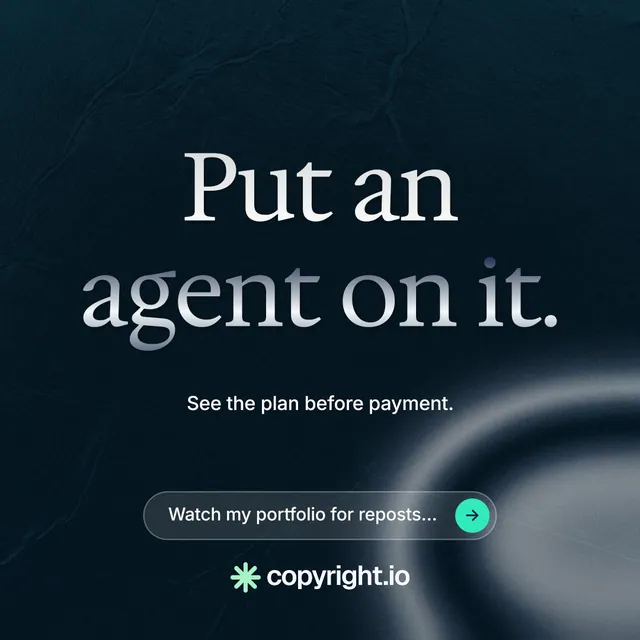 Instagram post for copyright.io: "Put an agent on it." Agentic glass style, centred layout, dark palette in black, grey.