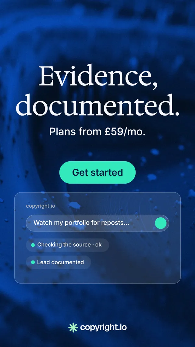 Instagram story for copyright.io: "Evidence, documented." Agentic glass style, skeleton layout, dark palette in blue, black.