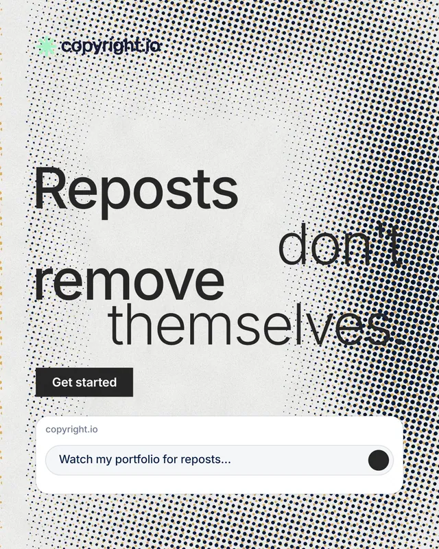Instagram portrait post for copyright.io: "Reposts don't remove themselves." Retro print style, stacked layout, light palette in grey, white.