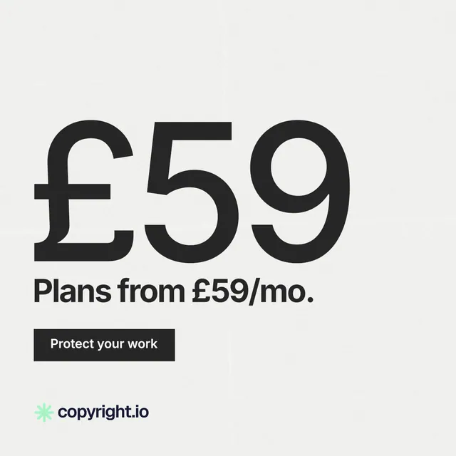 Instagram post for copyright.io: "Continuous protection for creators." Swiss style, stat layout, light palette in white, grey.