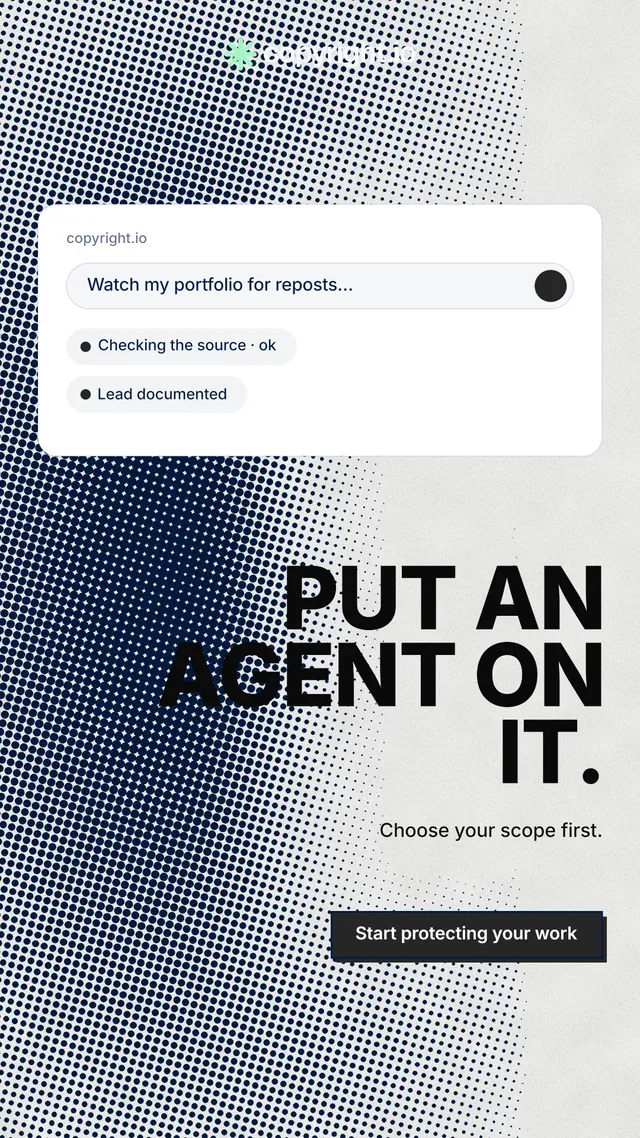 Instagram story for copyright.io: "Put an agent on it." Brutalist style, right layout, light palette in grey, white.