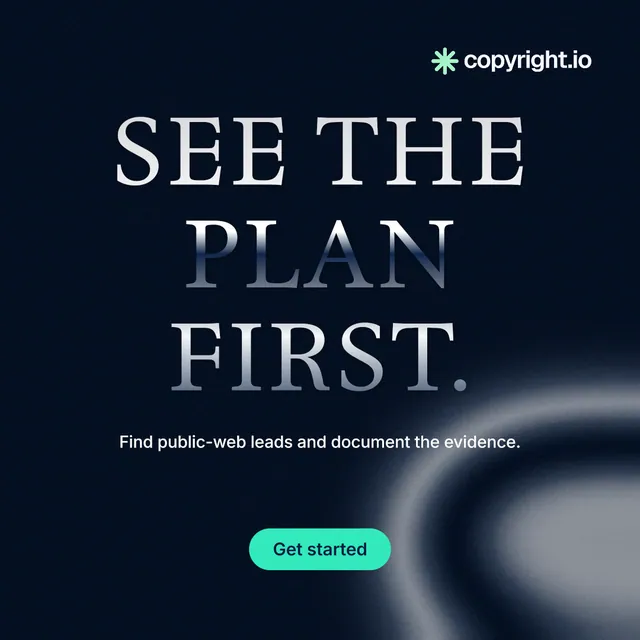 Instagram post for copyright.io: "See the plan first." Y2K style, centred layout, dark palette in black, grey, blue.