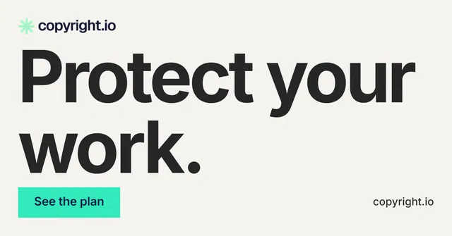 Social ad for copyright.io: "Protect your work." Swiss style, poster layout, light palette in white, grey, green.