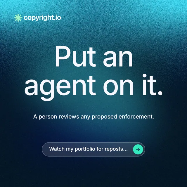 Instagram post for copyright.io: "Put an agent on it." Agentic glass style, centred layout, dark palette in black, blue, teal.