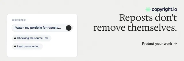 X header for copyright.io: "Reposts don't remove themselves." Minimal luxury style, right layout, light palette in white.