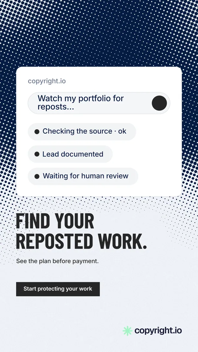 Instagram story for copyright.io: "Find your reposted work." Retro print style, bottom layout, light palette in white, blue, grey.