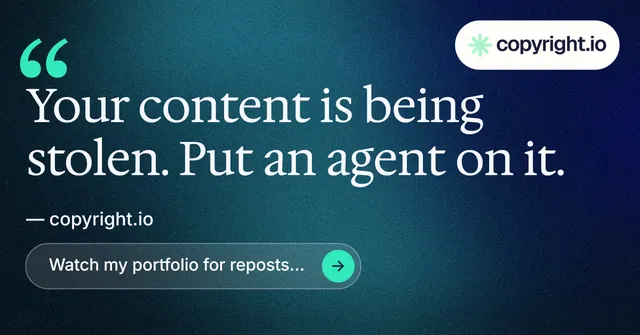 Social ad for copyright.io: "See the plan first." Agentic glass style, quote layout, dark palette in blue, black, teal.