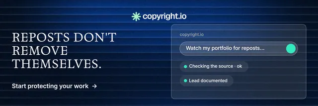 X header for copyright.io: "Reposts don't remove themselves." Minimal luxury style, bottom layout, dark palette in blue, black.