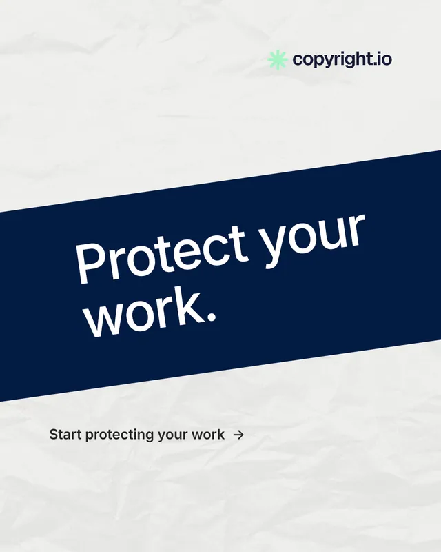 Instagram portrait post for copyright.io: "Protect your work." Minimal luxury style, diagonal layout, light palette in white, blue, grey.