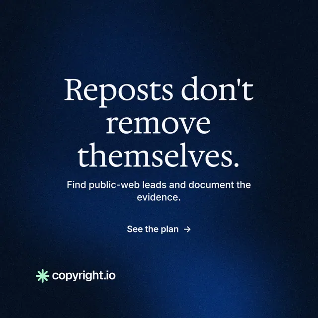 Instagram post for copyright.io: "Reposts don't remove themselves." Minimal luxury style, centred layout, dark palette in black, blue.