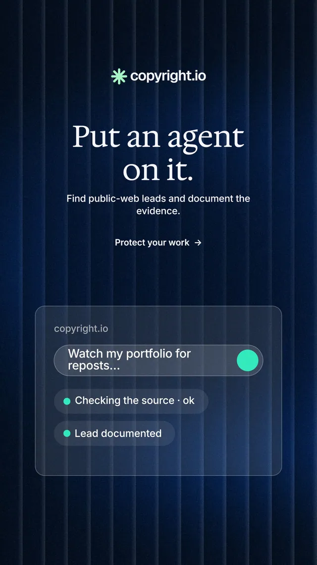 Instagram story for copyright.io: "Put an agent on it." Minimal luxury style, centred layout, dark palette in blue, black.