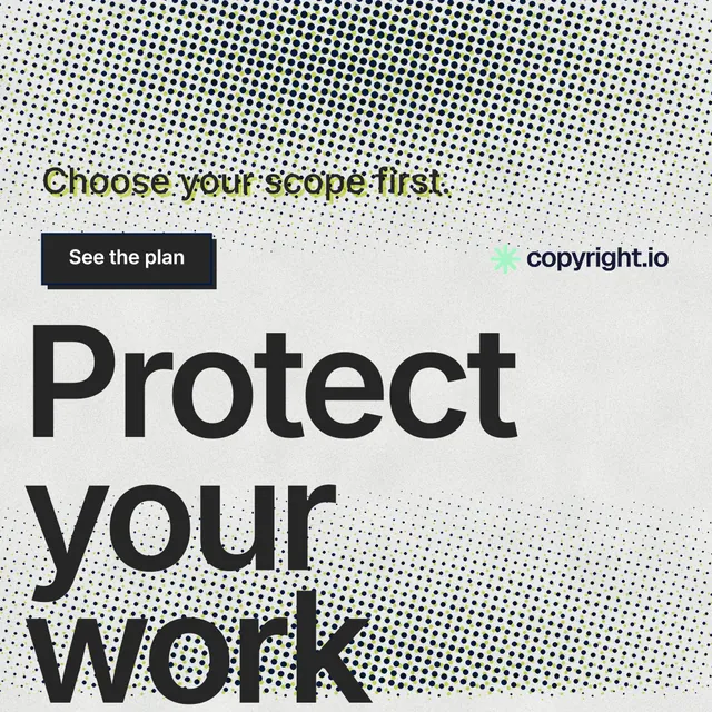 Instagram post for copyright.io: "Continuous protection for creators." Brutalist style, oversized layout, light palette in grey, white.