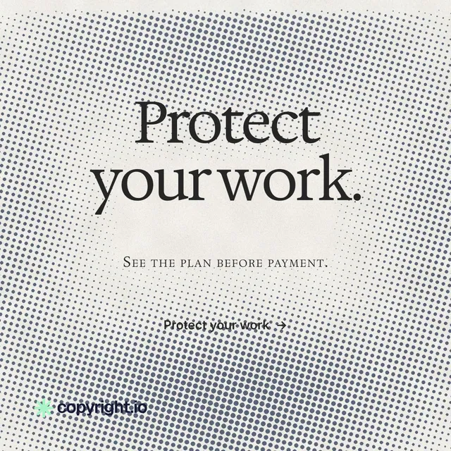 Instagram post for copyright.io: "Protect your work." Swiss style, smallcaps layout, light palette in grey, white, orange.