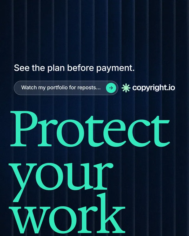 Instagram portrait post for copyright.io: "Find your reposted work." Agentic glass style, oversized layout, dark palette in black, teal.