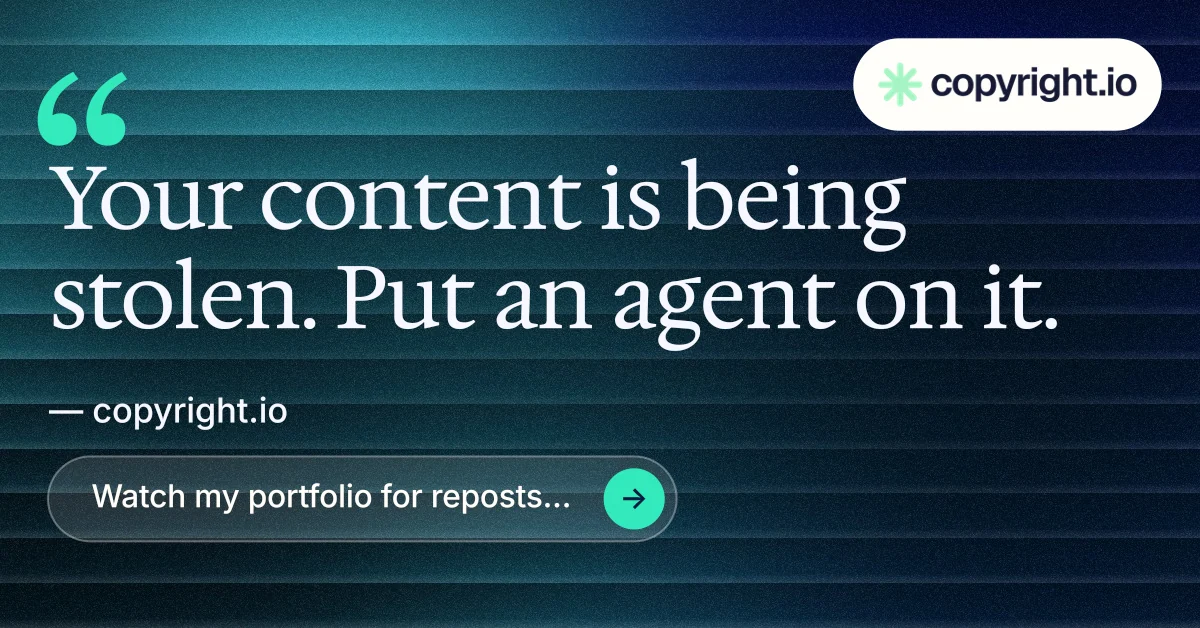 Social ad for copyright.io: "Protect your work." Agentic glass style, quote layout, dark palette in blue, black, teal.