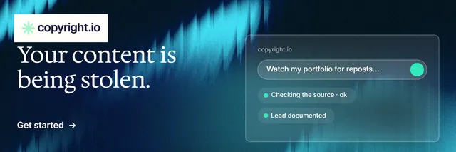 X header for copyright.io: "Your content is being stolen." Minimal luxury style, bottom layout, dark palette in black, blue, teal.
