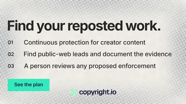 Landscape graphic for copyright.io: "Find your reposted work." Swiss style, numbered layout, light palette in white, orange, grey.