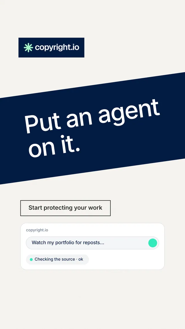 Instagram story for copyright.io: "Put an agent on it." Editorial style, diagonal layout, light palette in white, blue.