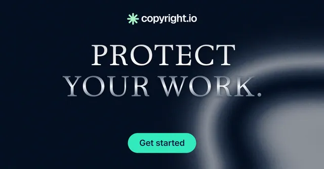 Social ad for copyright.io: "Protect your work." Y2K style, centred layout, dark palette in black, grey, blue.