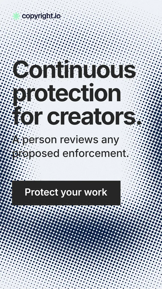 Instagram story for copyright.io: "Continuous protection for creators." Swiss style, skeleton layout, light palette in grey, white, blue.