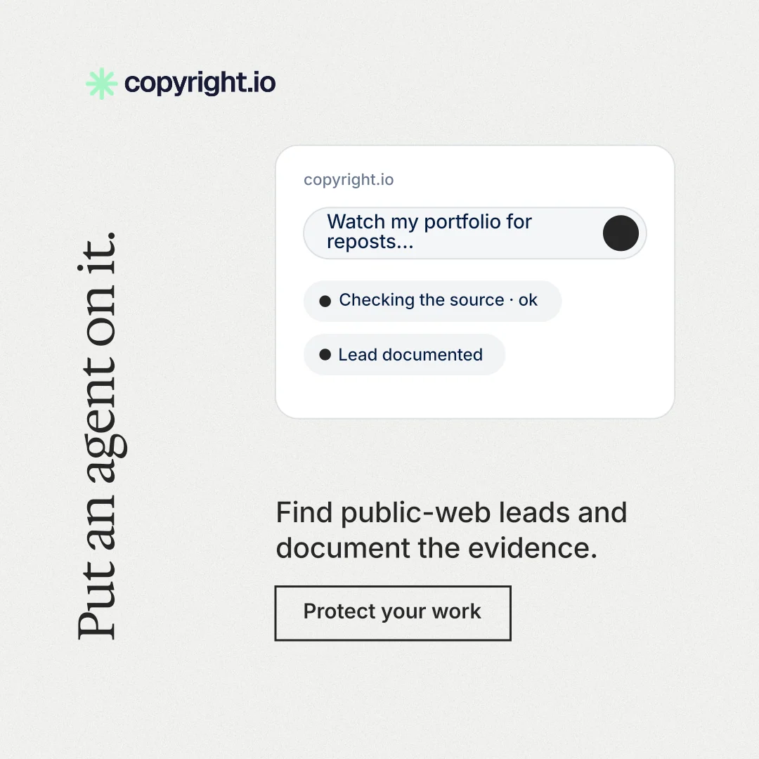 Instagram post for copyright.io: "Put an agent on it." Editorial style, vertical layout, light palette in white.