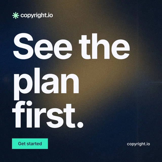 Instagram post for copyright.io: "See the plan first." Swiss style, poster layout, dark palette in black, grey, blue.