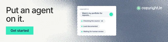 LinkedIn banner for copyright.io: "Put an agent on it." Swiss style, skeleton layout, light palette in white, grey, teal.