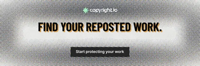 X header for copyright.io: "Find your reposted work." Retro print style, centred layout, light palette in grey, white.