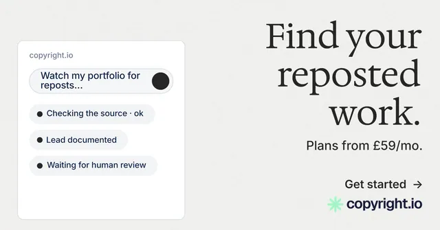 Social ad for copyright.io: "Find your reposted work." Minimal luxury style, right layout, light palette in white, grey.
