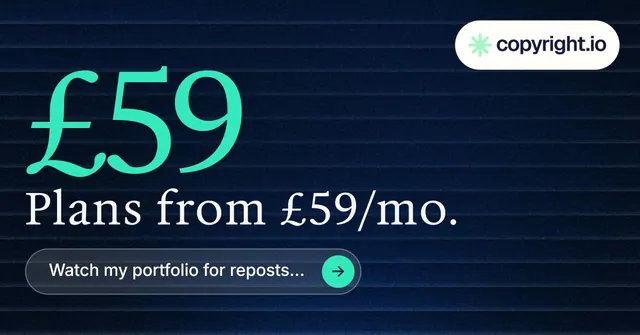 Social ad for copyright.io: "See the plan first." Agentic glass style, stat layout, dark palette in black, blue, teal.