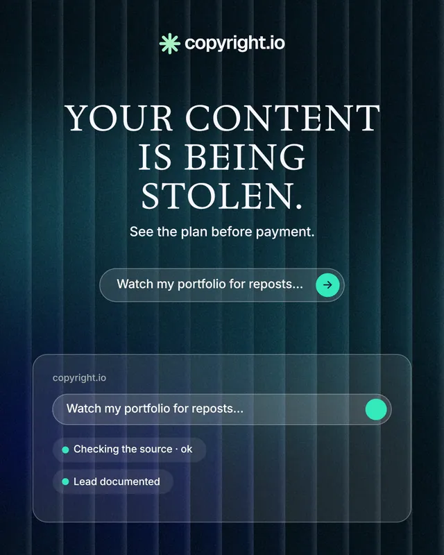 Instagram portrait post for copyright.io: "Your content is being stolen." Agentic glass style, centred layout, dark palette in blue, black, grey.