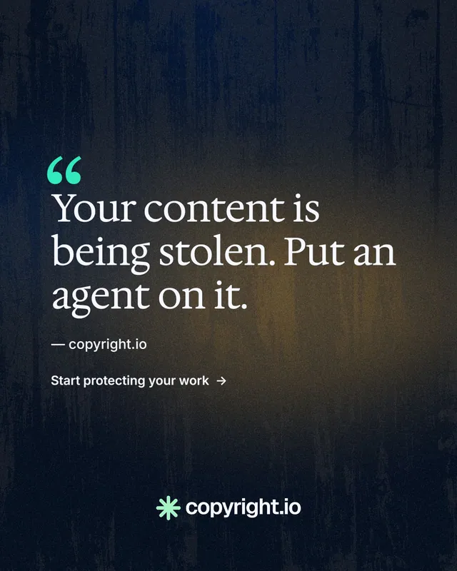 Instagram portrait post for copyright.io: "Reposts don't remove themselves." Minimal luxury style, quote layout, dark palette in blue, black, grey.