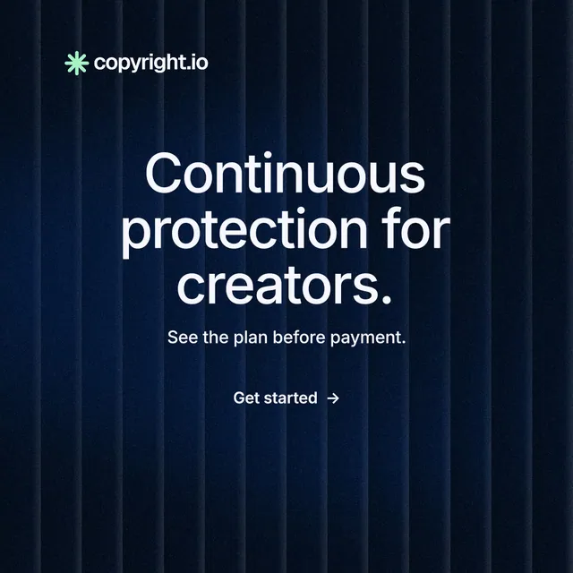 Instagram post for copyright.io: "Continuous protection for creators." Minimal luxury style, centred layout, dark palette in black, blue.