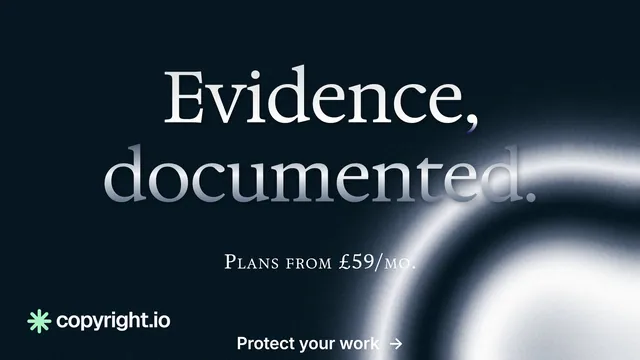Landscape graphic for copyright.io: "Evidence, documented." Agentic glass style, smallcaps layout, dark palette in black, grey.