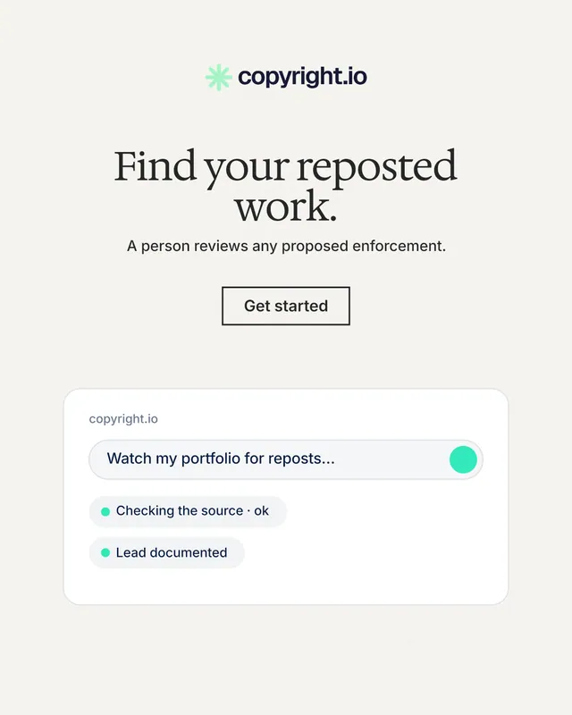 Instagram portrait post for copyright.io: "Find your reposted work." Editorial style, centred layout, light palette in white.