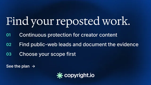 Landscape graphic for copyright.io: "Find your reposted work." Minimal luxury style, numbered layout, dark palette in blue, black, grey.