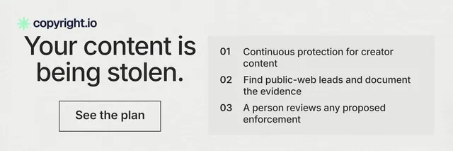 X header for copyright.io: "Your content is being stolen." Editorial style, skeleton layout, light palette in white, grey.
