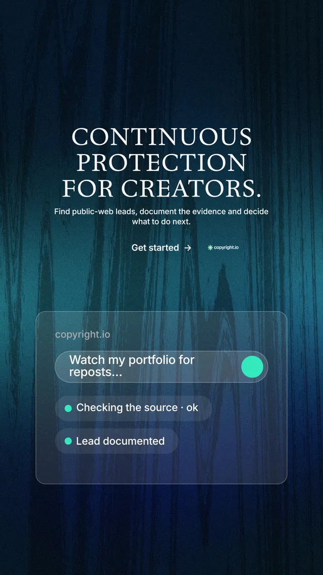 Instagram story for copyright.io: "Continuous protection for creators." Minimal luxury style, centred layout, dark palette in blue, black.
