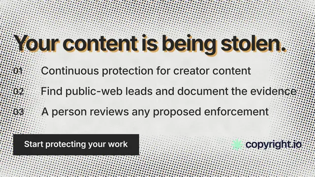 Landscape graphic for copyright.io: "Your content is being stolen." Swiss style, numbered layout, light palette in grey, white.