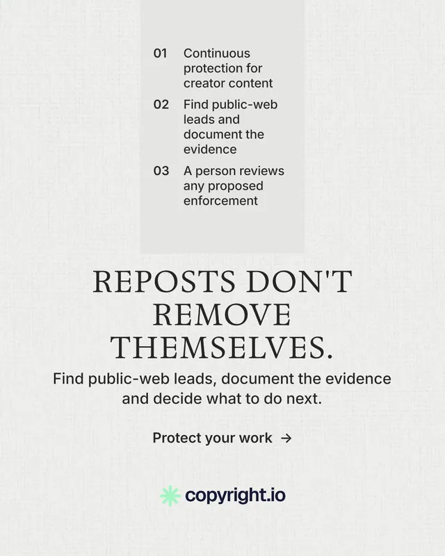 Instagram portrait post for copyright.io: "Reposts don't remove themselves." Minimal luxury style, skeleton layout, light palette in white.