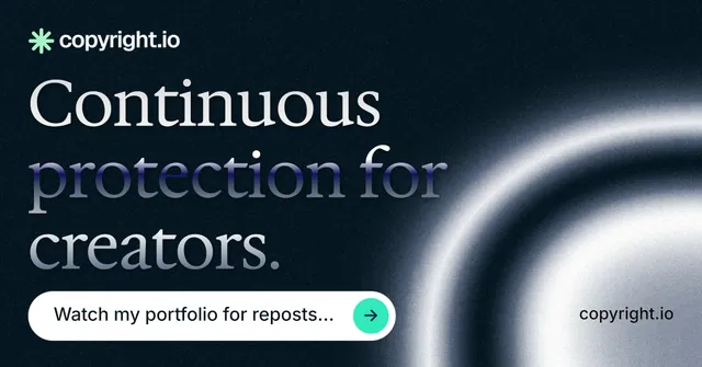 Social ad for copyright.io: "Continuous protection for creators." Agentic glass style, poster layout, dark palette in black, grey, blue.