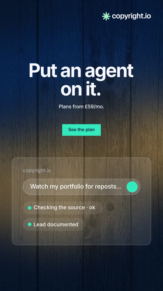 Instagram story for copyright.io: "Put an agent on it." Swiss style, centred layout, dark palette in black, grey, blue.